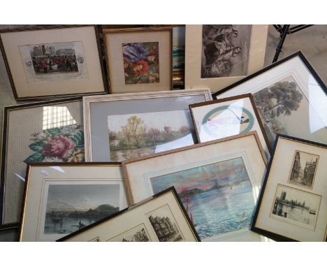 Oak Octagonal Framed Mirror, Watercolour of Windsor Castle, Print of Buckingham Palace, together with other Etchings and Prin