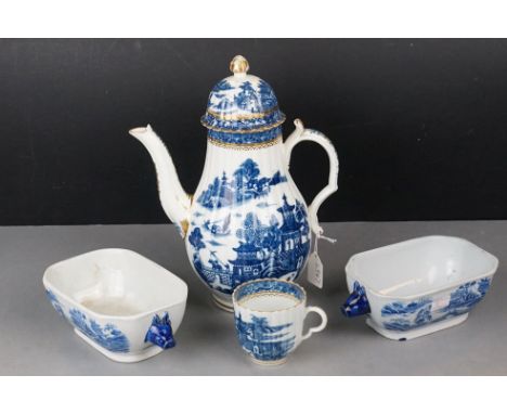 Caughley Coffee Pot in the Temple Pattern with Gilt Highlights, underglazed ' S ' mark to base, together with 18th / Early 19