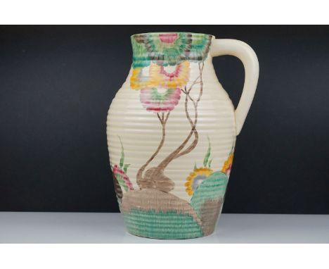 Clarice Cliff Wilkinson Lotus Jug with ribbed sides decorated in the Rodanthe pattern,  30cms tall. 