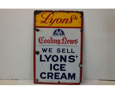 Original Enamel Lyons' Advertising Sign ' Cooling News, We sell Lyons' Ice Cream ' incorporating a J Lyons &amp; Co crest,  8