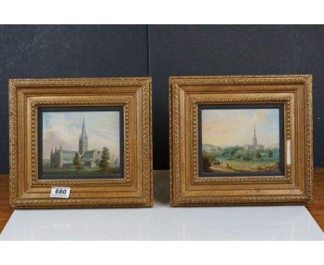 English School, 19th CenturySalisbury Cathedral from the meadowsOil on card, possibly on a print base13.5 x 16.5cm Pair (2) 