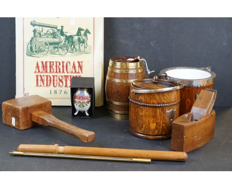 Box of sundries to include ice bucket and liner, biscuit barrel, coffin plane, Book Of American Industry, spirit keg, carpent