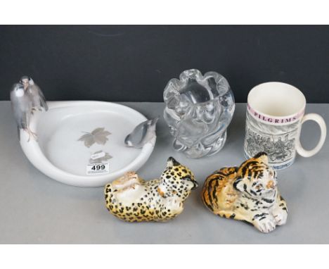 Mixed Lot including Ceramic Tiger Cub and Lion Cub,  Wedgwood Canterbury tankard, a Royal Copenhagen dish with bird decoratio