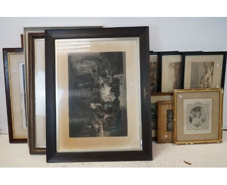 A quantity of prints to include set of framed and glazed hunting prints.Folland print with blind stamp,Lawrenson The Harvest 