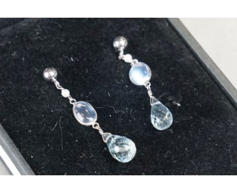 Pair of white gold earrings with pearl and aquamarine drop 