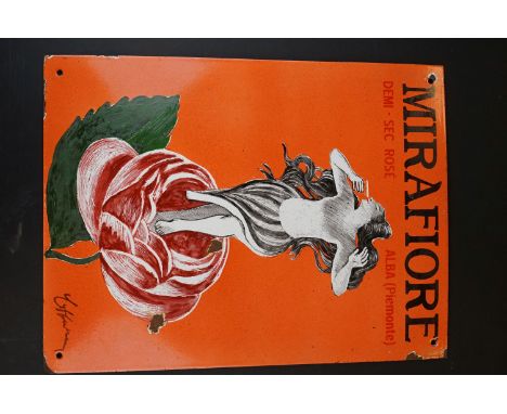 Early 20th century Steel Enamel Italian Advertising Sign ' Mirafiore Demi -Sec Rose Alba Piemonti ', signed Cappiello, 44cms 