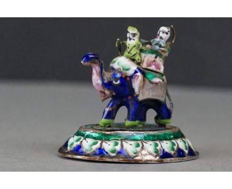 Antique Tibetan silver and enamel elephant and rider figure 