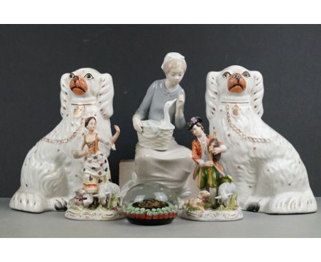 Collection of Ceramics including Pair of Staffordshire Spaniels, Nao figure of a seated girl with basket, pair of continental