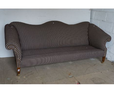 Large 19th century style Sofa with serpentine shaped back, sloping rolled arms, upholstered in grey / black stripped fabric, 