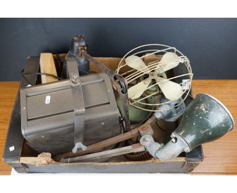 Two vintage industrial angle poise lamps together with a stage lamp and a four blade fan. 