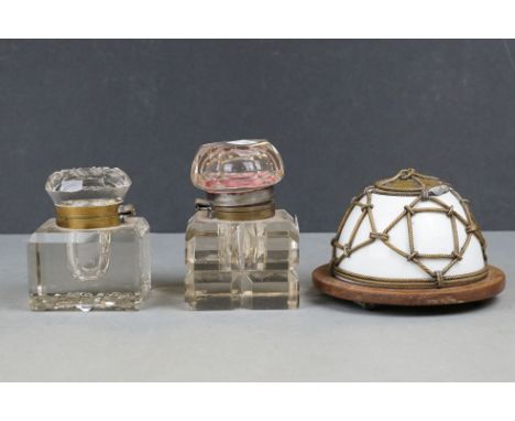 Unusual late 19th century French 'Lobster Pot' inkwell with ceramic body and gilt brass mounts (diameter approx. 11.5cm) &amp