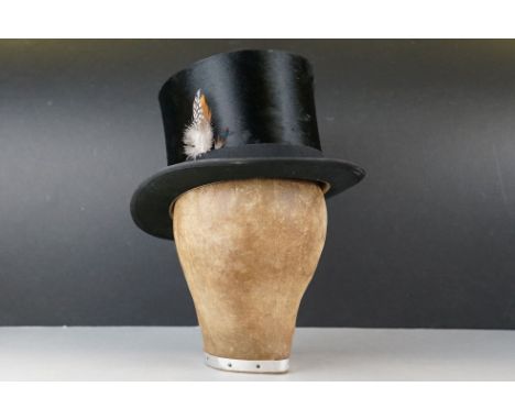 Early 20th century Fabric covered Shop Display Mannequin Head / Wig Stand, 25cms high, together with a Black Silk Top Hat, in