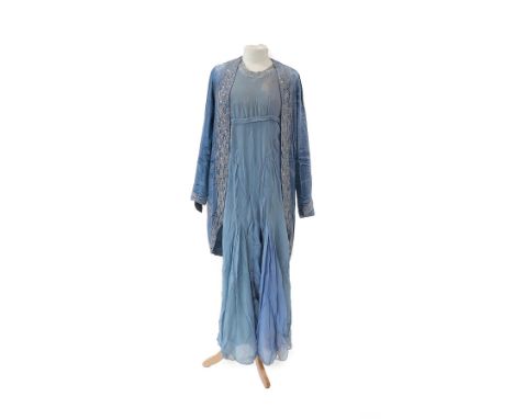 Circa 1920s Pale Blue Chiffon and Velvet Evening Outfit, comprising a sleeveless chiffon dress with wrap bodice, edged with d