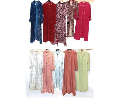 Circa 1930s/40s Ladies' Day and Night Robes comprising a silver coloured long sleeved silk robe with button fastening, a shaw