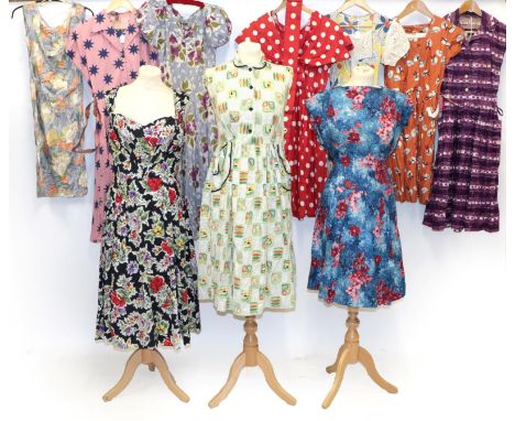 Circa 1950s Cotton Printed Dresses, comprising a Horrockses Fashion short sleeve dress with buttons to the waist and flared s