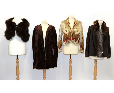 Circa 1920s/30s Evening Jackets, comprising Jay's London brown velvet capelet with pink silk lining and button detailing to t