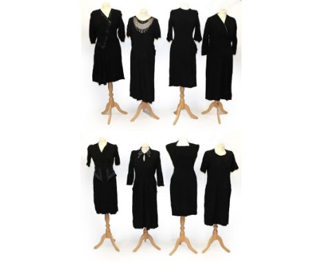 Assorted Circa 1930/40s Black Crepe Dresses, comprising a Marcos black dress with long sleeves, wrap style bodice with white 