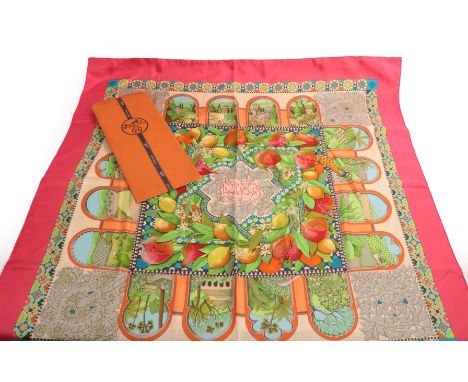 Hermes Silk Scarf 'Les Jardins d'Abdalousie, designed by A Honore, printed with bright colours and fruit to the centre within