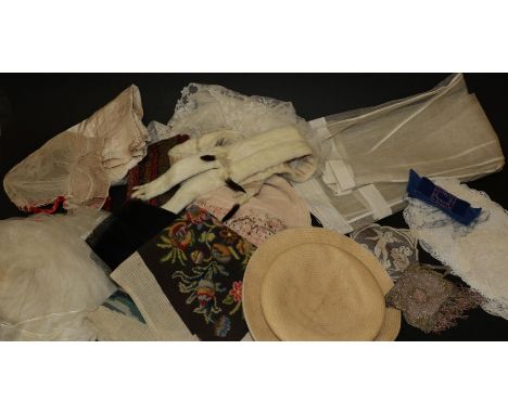 Assorted 19th Century and Later Textiles and Accessories, comprising a cream silk bodice, ermine stole and neck tie, straw ha