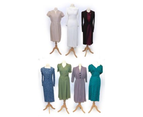 Circa 1930s/50s Ladies' Day and Evening Wear, comprising a white crepe dress with ruched detail to the front, long sleeves, m