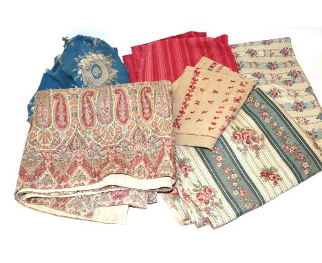 Assorted Mainly French Textiles, comprising Kashmir quilt with cotton reverse, 140cm by 135cm; glazed cotton curtain of strip