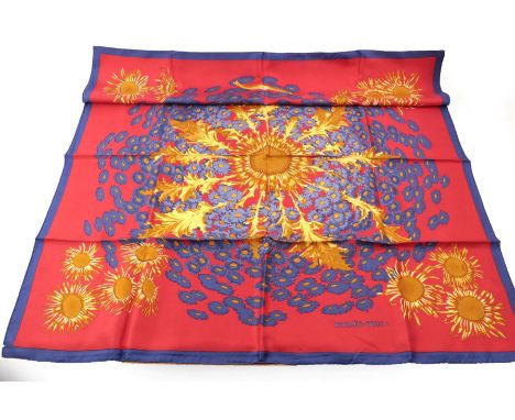 Hermes Silk Scarf 'Fleurs et Carlines', designed by Vladimir Rybaltchenko depicting Carlina thistles amongst daisies, on a re