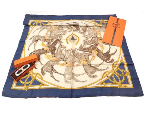 Hermes Silk Scarf 'Ascot 1881', designed by P De La Perriers, depicting seated jockeys on a cream ground within a navy and go