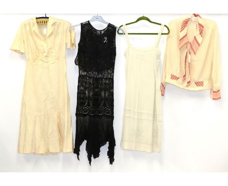 Circa 1920s Costume comprising a long sleeved cream silk tunic top with red and cream striped collar and faux tie, cuffs and 