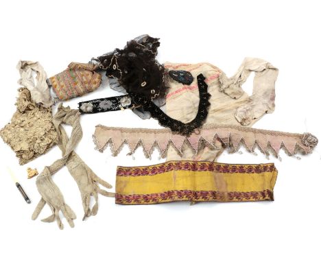 Assorted 19th Century and Later Costume Accessories, including a pair of early 19th century silk mittens woven with diamond d