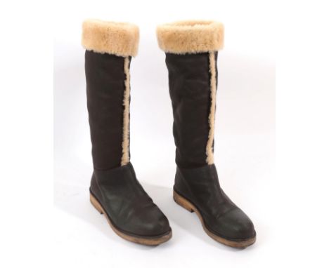 A Pair of Hermes Brown Leather and Sheepskin Lined Boots, both bearing fabric labels to the inside 'Hermes Paris', rubber sol