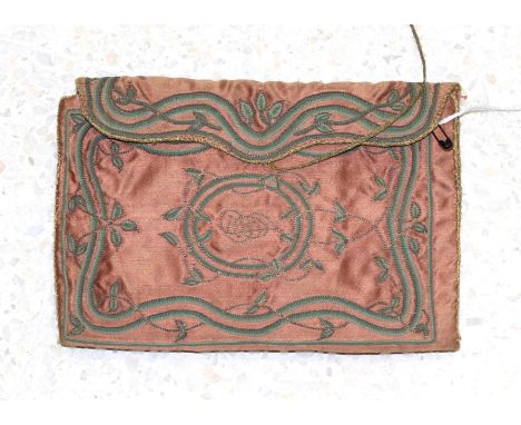 18th Century Rust Red Silk Pocket Book, with decorative green sinuous stem and leaf embroidery with a shaped flap, unfolding 
