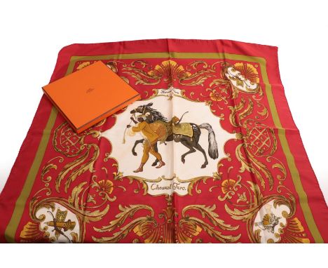 Hermes Silk Scarf 'Cheval Turc', designed by Christiane Vauzelles, within a red and sage green striped border, 90cm square, i