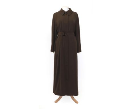 A Hermes Dark Taupe Ladies' Coat, with button fastening, side pockets, collar (size 38); with a cream cotton Hermes Suit Carr