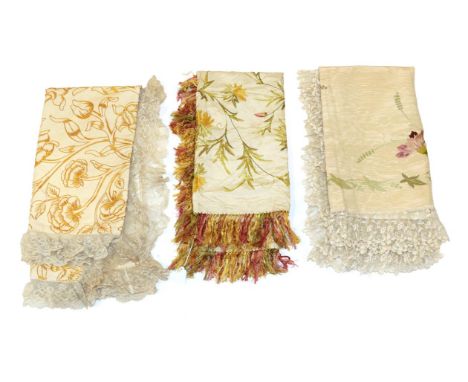 Early 20th Century Cream Silk Panel, embroidered overall with flowers in silk threads of yellow and rusts, green silk reverse