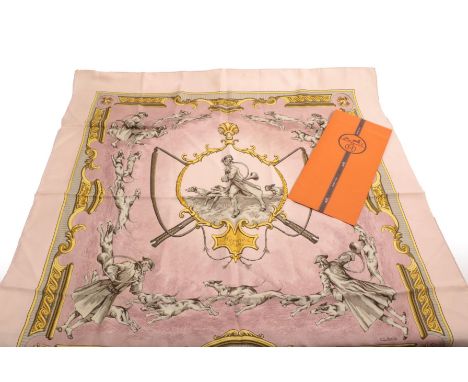 Hermes Silk Scarf 'Chiens &amp; Valets', designed by Ch Hallo, depicting huntsmen and hounds on a light mauve ground within a