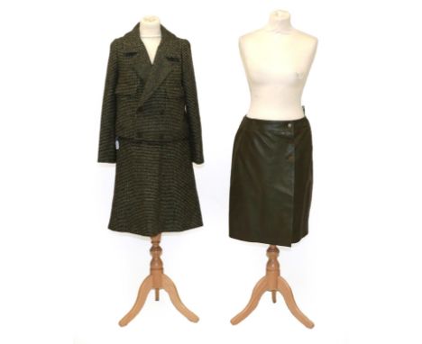 Modern Chanel Green Tweed Two Piece Skirt Suit, comprising a cropped double breasted jacket with pockets and collar, and a ma