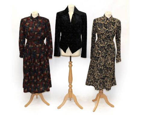 Liberty Wool Dress with collar, buttons to the elasticated waist, long sleeves and fabric belt (size 12); Hildebrand Wool Tun