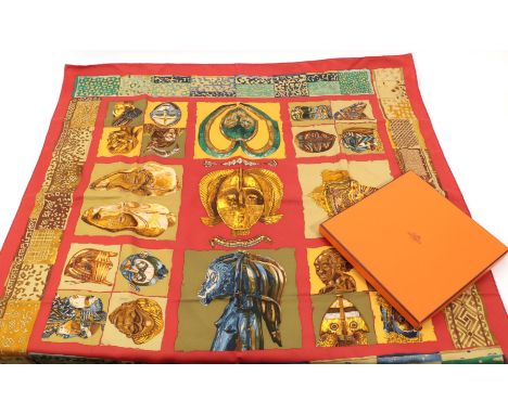 Hermes Silk Scarf 'Persona' designed by Loic Dubigeon, with a red border in a Hermes box, with ribbon, 90cm square.    Couple