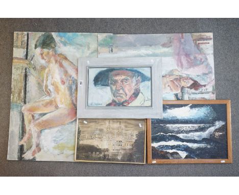 Edward Lewis, Four Oil Paintings including Man's Portrait and Two Naked Females together with a John Piper Print ' View from 