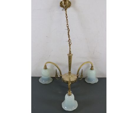 Gilt Brass Three Branch Hanging Ceiling Light with Pale Green Glass Shades, 59cms diameter 