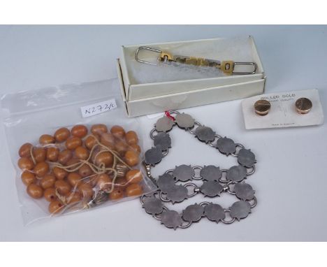 Victorian white metal link necklace, a beaded necklace, a Ferragamo link key chain &amp; a pair of rolled gold studs 