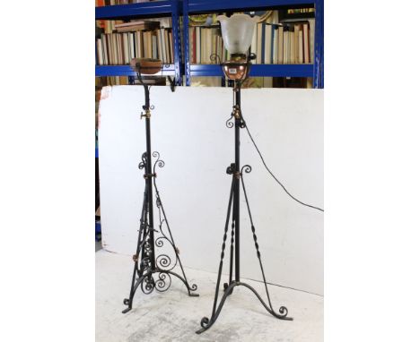 Victorian Wrought Iron and Brass Standard Oil Lamp Stand, 139cms high together with a Victorian Wrought Iron and Copper Stand
