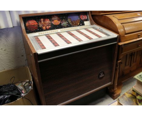 NSM Hit 120 Juke Box in a simulated Rosewood and Chrome Cabinet, on wheels, 81cms wide x 105cms high together with a quantity