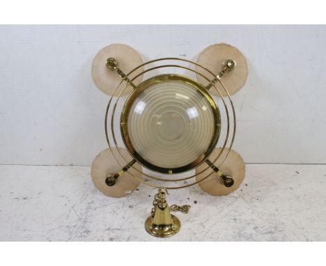 Art Deco Style Gilt Metal Four Branch Ceiling Light with Peach Tinted Glass Shades, 80cms diameter 
