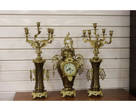 Late 19th century French Gilt Brass Three Piece Clock Garniture, the clock Japy Freres et Cie no. 30252, the 3.5" diameter cr