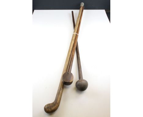 Lignum Vitae Knobkerrie, 75cms long together with another Club and a Walking Stick 