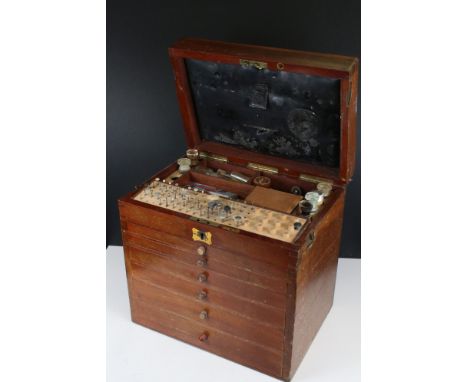 19th century Mahogany Dentist's Cabinet, the hinged top opening to a fitted interior with apothecary bottles, over six gradua