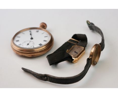 Two ladies 9ct gold watches together with a gold plated pocket watch. 