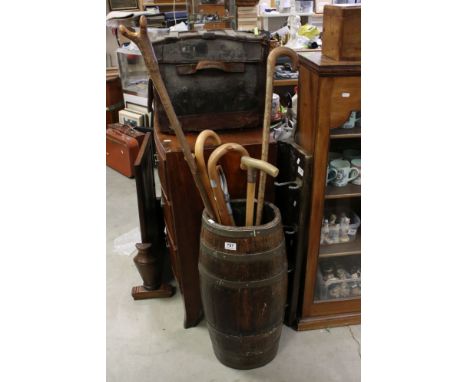 Oak Coopered Brass Bound Barrel Shaped Stick Stand together with Six Walking Sticks and a Shooting Stick