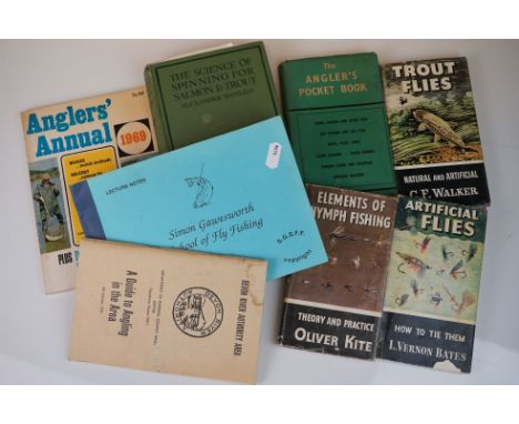 A collection of vintage fishing books to include Artificial flies how to tie them by L.Vernon Bates, The Anglers pocket book 